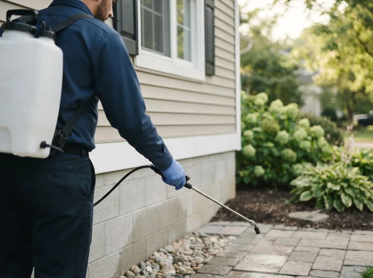 Pest control technician inspecting a home in Hannibal, OH
